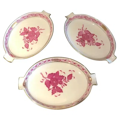 Pre-owned Herend 3  Of Hungary Porcelain Dishes, Apponyi Pattern In Raspberry & 24ct Gold