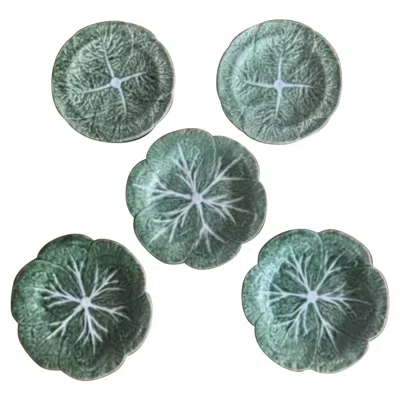 Pre-owned Herend Bordallo Pinheiro Green Cabbage Leaf Luncheon & Salad Plate Set
