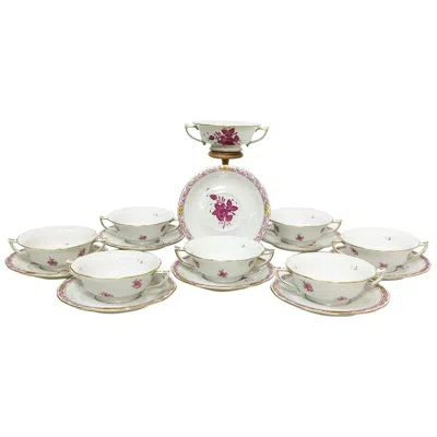 Pre-owned Herend "chinese Bouquet Raspberry" Cream Soup Cups And Stands In White