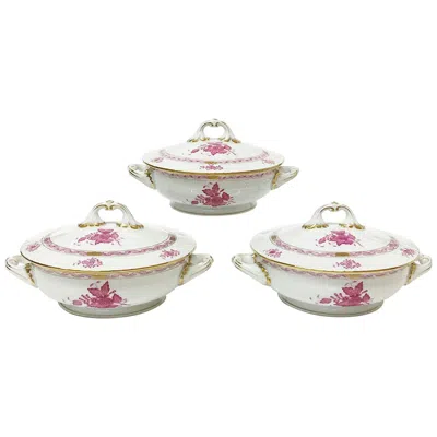 Pre-owned Herend "chinese Bouquet Raspberry" Tureens With Handles In Gray
