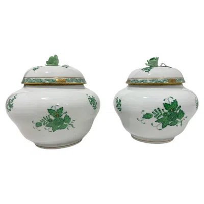 Pre-owned Herend Hungary Porcelain "apponyi Green" Ginger Jars, 1930-1960 In Gray