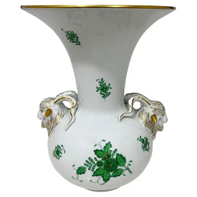 Pre-owned Herend Hungary Porcelain "apponyi Green" Vase With Rams Head In Transparent