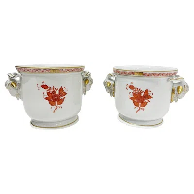 Pre-owned Herend Hungary Porcelain Apponyi Orange Ram Head Cachepots