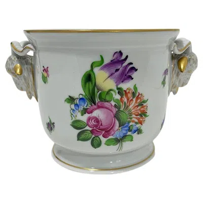 Pre-owned Herend Hungary Porcelain Bunch Of Tulip Pattern Ram Head Cachepot In Gray
