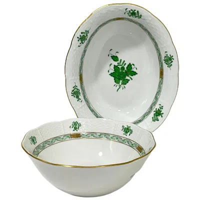 Pre-owned Herend Hungary Porcelain "chinese Bouquet Apponyi Green" Bowl And Oval Dish In Gray