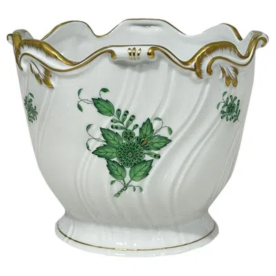 Pre-owned Herend Hungary Porcelain "chinese Bouquet Apponyi Green" Cachepot In Gray