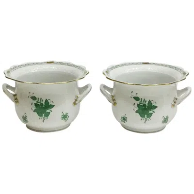 Pre-owned Herend Hungary Porcelain "chinese Bouquet Apponyi Green" Cachepots In Gray