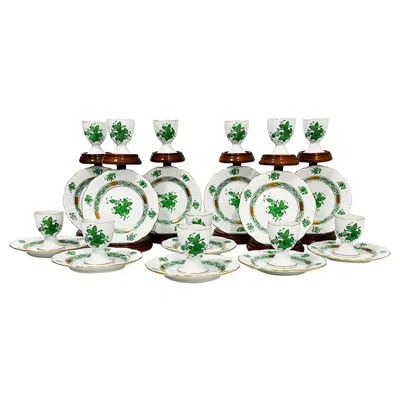 Pre-owned Herend Hungary Porcelain "chinese Bouquet Apponyi Green" Egg Cups And Plates In Gray