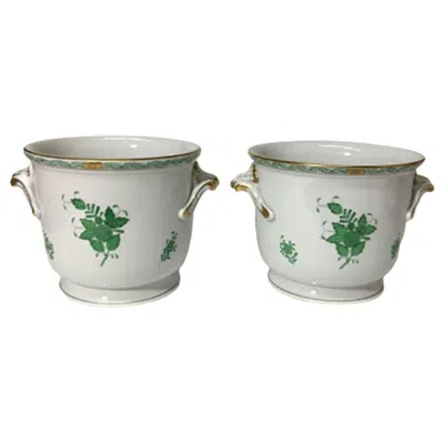 Pre-owned Herend Hungary Porcelain "chinese Bouquet Apponyi Green" Large Cache Pots In Gray