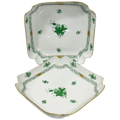 Pre-owned Herend Hungary Porcelain "chinese Bouquet Apponyi Green" Salad Dishes In Gray