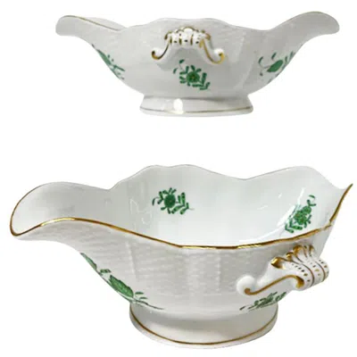 Pre-owned Herend Hungary Porcelain "chinese Bouquet Apponyi Green" Sauce / Gravy Boats In Gray