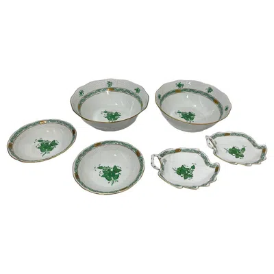 Pre-owned Herend Hungary Porcelain "chinese Bouquet Apponyi Green" Set Bowls And Leaf Dish In Gray