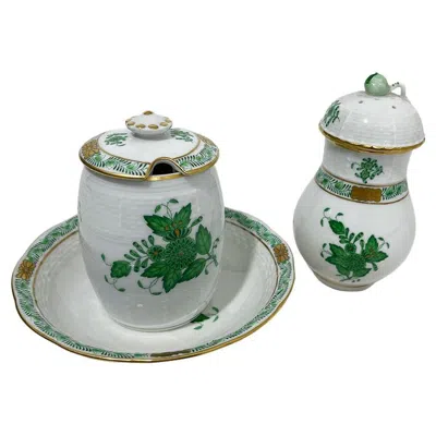 Pre-owned Herend Hungary Porcelain "chinese Bouquet Apponyi Green" Set In Gray