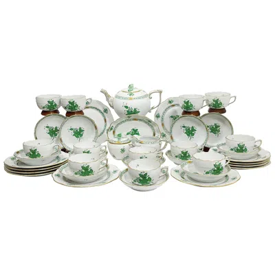 Pre-owned Herend Hungary Porcelain "chinese Bouquet Apponyi Green" Tea Set For 12 Persons In Gray