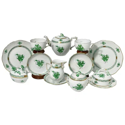 Pre-owned Herend Hungary Porcelain "chinese Bouquet Apponyi Green" Tea Set In Gray