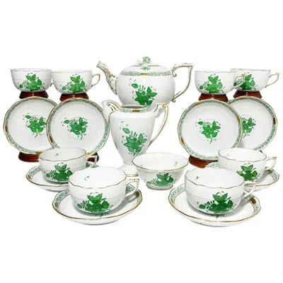 Pre-owned Herend Hungary Porcelain "chinese Bouquet Apponyi Green" Tea Set In Gray