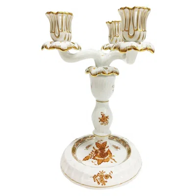 Pre-owned Herend Hungary Porcelain "chinese Bouquet Apponyi Rust" Candleholder In Sand