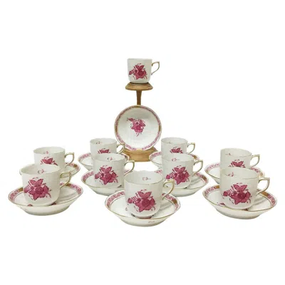 Pre-owned Herend Hungary Porcelain "chinese Bouquet Raspberry" 10 Cups And Saucers In Sand