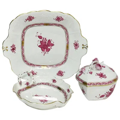 Pre-owned Herend Hungary Porcelain "chinese Bouquet Raspberry" Box, Dish And Cake Plate In Gray