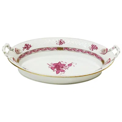 Pre-owned Herend Hungary Porcelain "chinese Bouquet Raspberry" Bread Basket In Gray