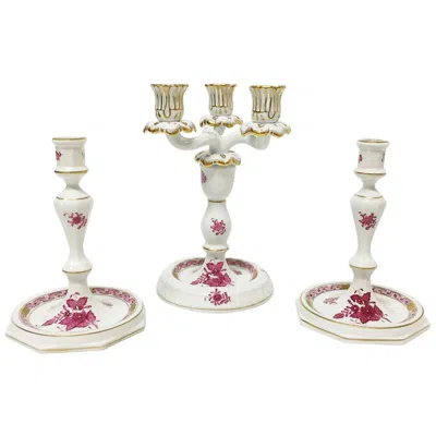 Pre-owned Herend Hungary Porcelain "chinese Bouquet Raspberry" Candleholders In Sand