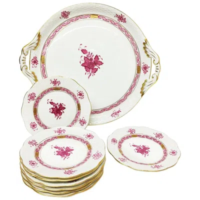 Pre-owned Herend Hungary Porcelain "chinese Bouquet Raspberry" Round Tray And Small Plates In Sand