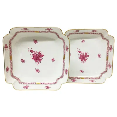 Pre-owned Herend Hungary Porcelain "chinese Bouquet Raspberry" Square Salad Dishes In Sand