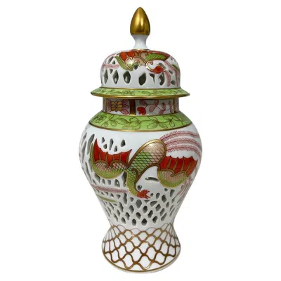 Pre-owned Herend Hungary Porcelain Openwork Potpourri "phoenix" Vase In Transparent