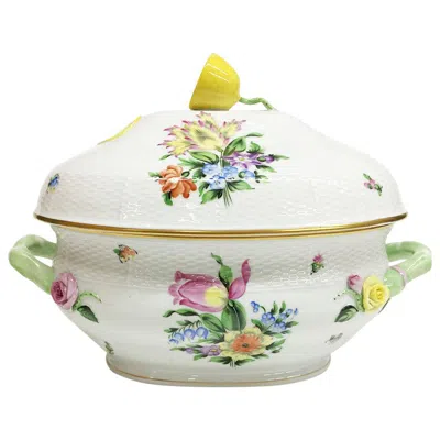 Pre-owned Herend Hungary Porcelain "printemps Pattern" Tureen With Handles In Sand