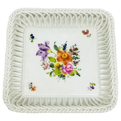 Pre-owned Herend Hungary Porcelain "printemps" Square Openwork Basket In Gray