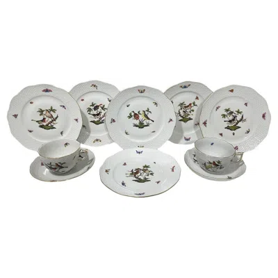 Pre-owned Herend Hungary Porcelain "rothschild" Plates And Cup And Saucer In Gray