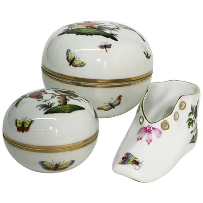 Pre-owned Herend Hungary Porcelain "rothschild" Round Lidded Boxes And Shoe In Gray