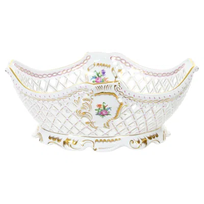 Pre-owned Herend Large  Hungarian Porcelain Reticulated Centerpiece Floral Motif Accents In Gold