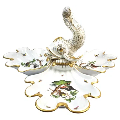 Pre-owned Herend Large Vintage  Porcelain Rothschild Bird Pattern Centerpiece With Coy Fish In Sand