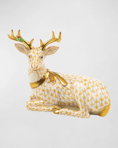 Herend Lying Christmas Deer Figurine In Butterscotch