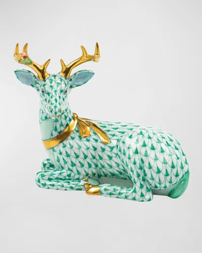 Herend Lying Christmas Deer Figurine In Green