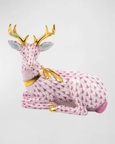 Herend Lying Christmas Deer Figurine In Raspberry