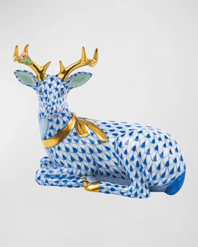 Herend Lying Christmas Deer Figurine In Blue