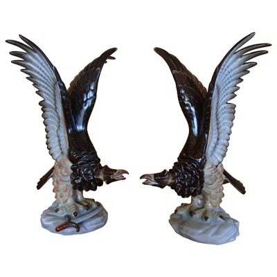 Pre-owned Herend Pair Of  Porcelain Eagles In Black