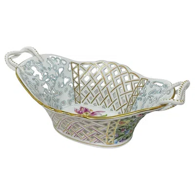 Pre-owned Herend Porcelain "bouquet De Saxe" Large Openwork Basket With Handles In Gray