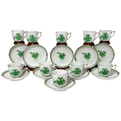 Pre-owned Herend Porcelain "chinese Bouquet Apponyi Green" 10 Mocha Cups And Saucers In Gray