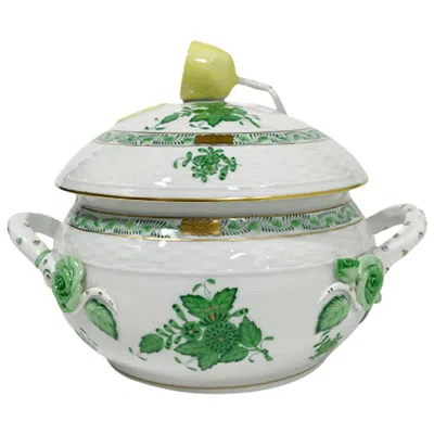 Pre-owned Herend Porcelain "chinese Bouquet Apponyi Green" Small/mini Tureen With Handles In Gray