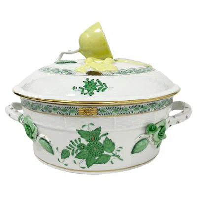 Pre-owned Herend Porcelain "chinese Bouquet Apponyi Green" Small/mini Tureen With Handles In Gray