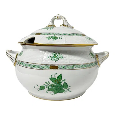 Pre-owned Herend Porcelain "chinese Bouquet Apponyi Green" Soup Tureen With Handles In Gray