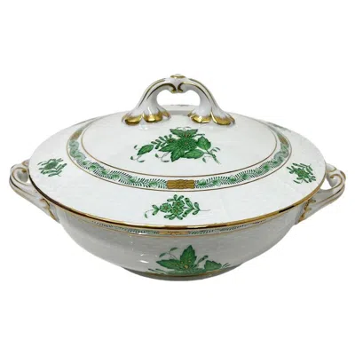 Pre-owned Herend Porcelain "chinese Bouquet Apponyi Green" Tureen With Handles In Gray