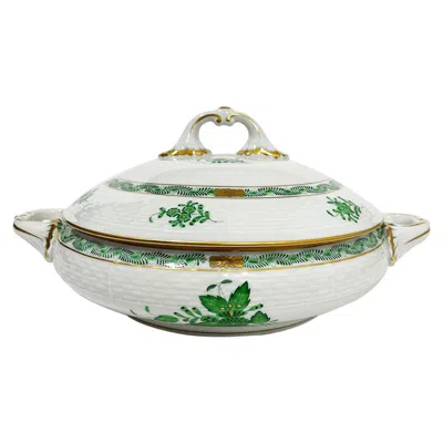 Pre-owned Herend Porcelain "chinese Bouquet Apponyi Green" Tureen With Handles In Gray