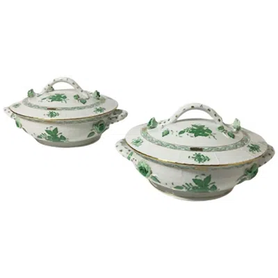 Pre-owned Herend Porcelain "chinese Bouquet Apponyi Green" Tureens With Handles In Gray