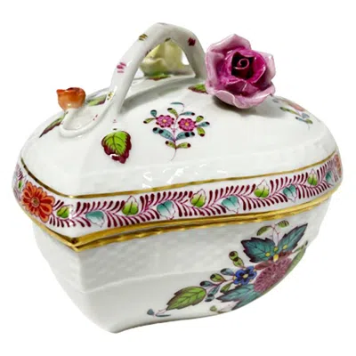 Pre-owned Herend Porcelain "chinese Bouquet Apponyi Multi-color" Heart Shaped Bonbonniere In Sand
