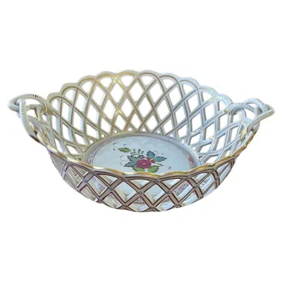 Pre-owned Herend Porcelain "chinese Bouquet Multi Color" Openwork Basket With Handles In Gray