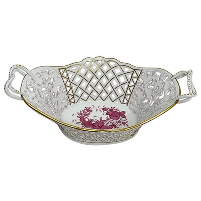 Pre-owned Herend Porcelain "indian Basket Purple" Large Openwork Basket With Handles